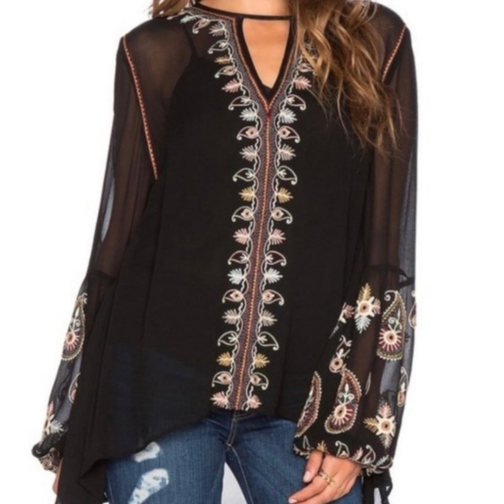 Anthropologie Love Sam Sheer & Embroidered Long Sleeve Women's Blouse Medium